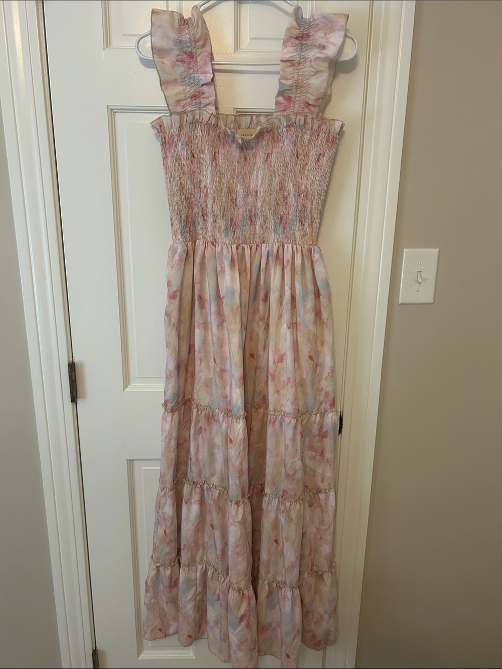MELLODAY Pink Watercolor Ruffle Strap Maxi Dress